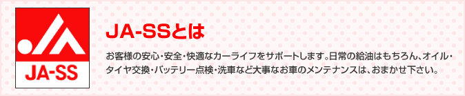 JA-SSとは お客様の安心・安全・快適なカーライフをサポートします。日常の給油はもちろん、オイル・タイヤ交換・バッテリー点検・洗車など大事なお車のメンテナンスは、おまかせ下さい。